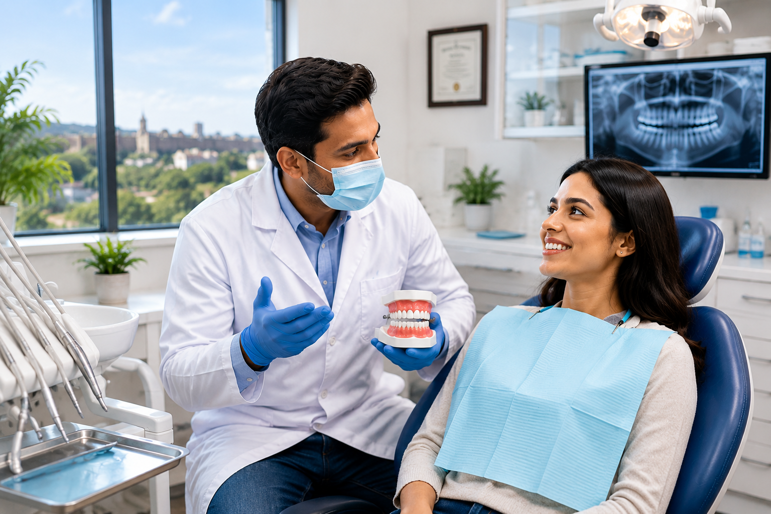 Patient consulting an experienced dentist in a modern dental clinic in Belgaum.